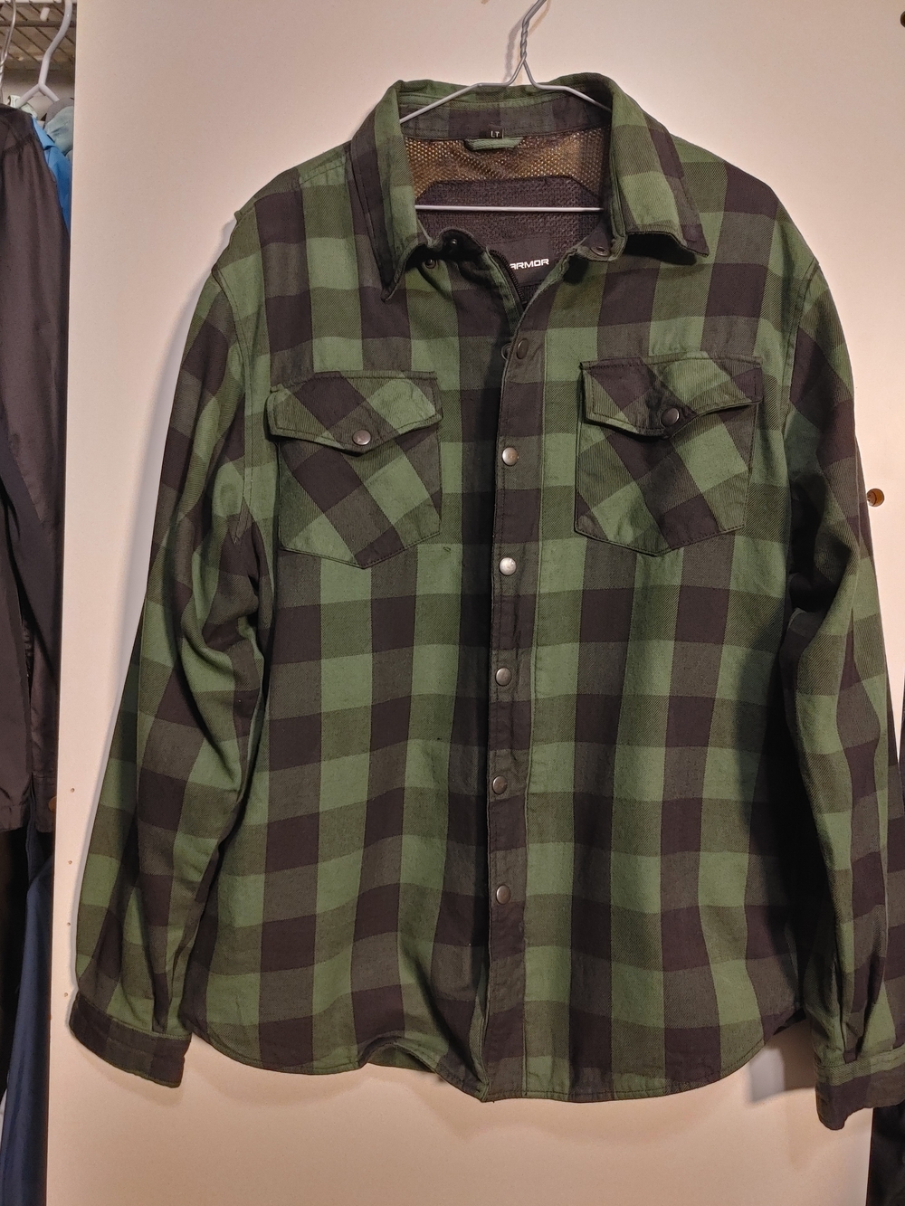 Men's Green and Black Plaid Snap-Front Casual Button-Down Shirt.PROTECTIVE BIKER